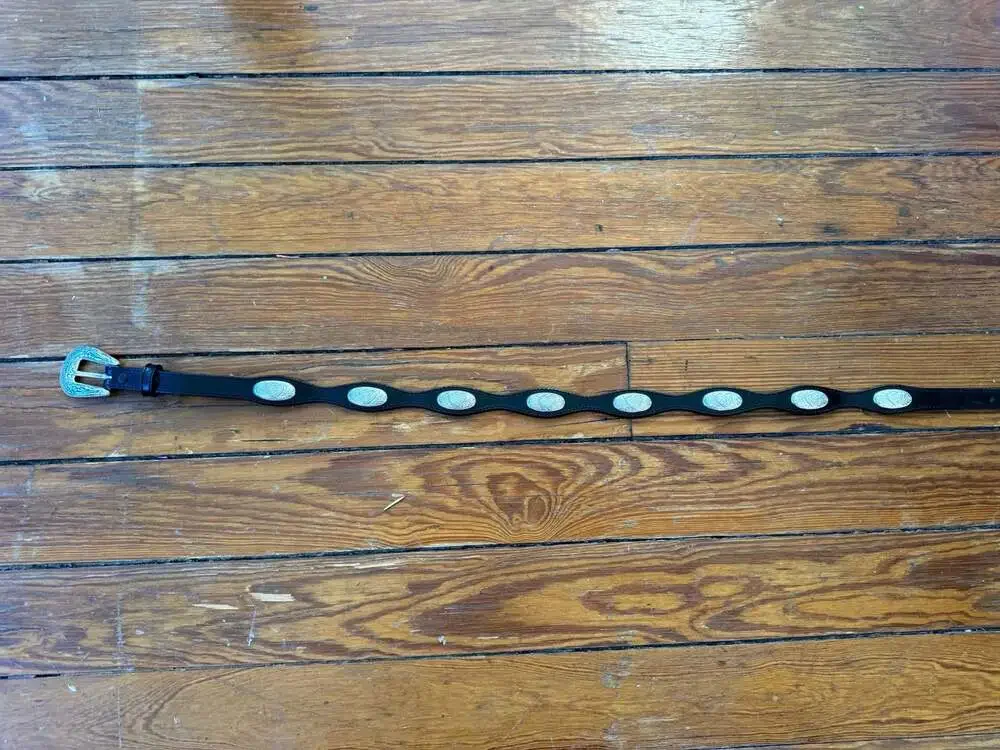Vintage Western Black Leather Scalloped Belt with Silver Heart Conchos